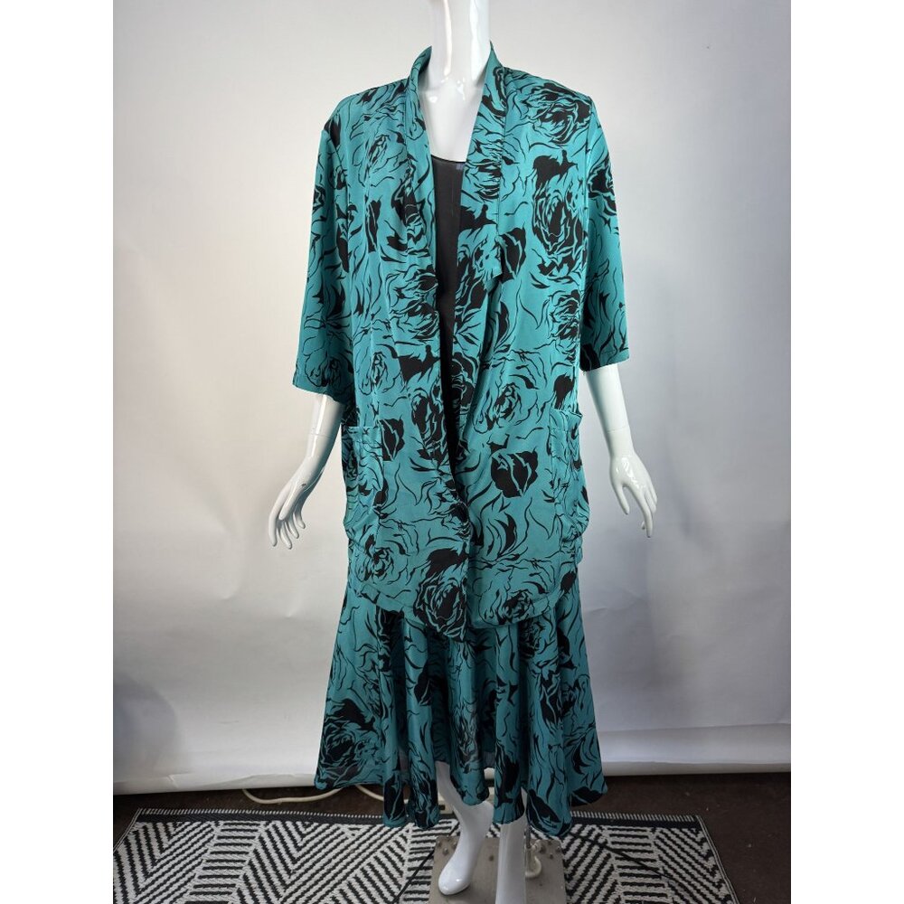 Vintage Floral Print Turquoise & Black Two-Piece Dress & Jacket Set Womens 1X